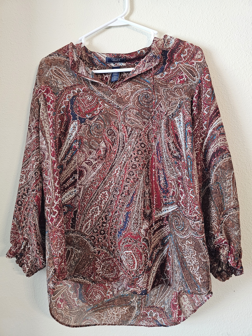 Chaps Paisley Print Long-Sleeve Blouse in Red and Brown